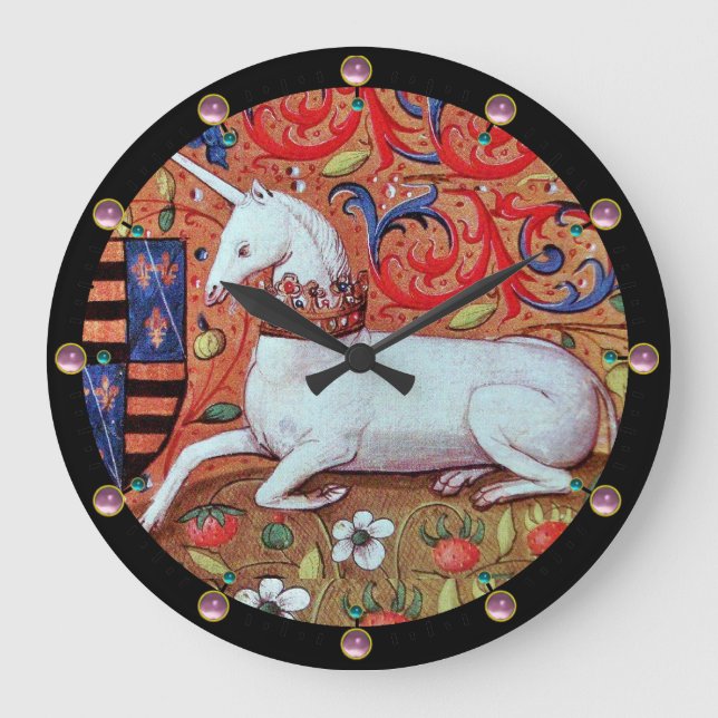 GRANDE HORLOGE RONDE FLEURS D'IMAGINAIRES UNICORNES ET MÉDIÉVAUX, MOTIF (Recto)