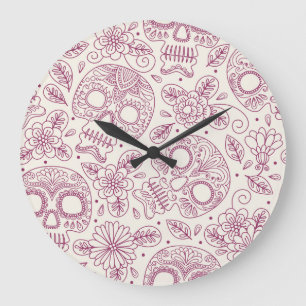 Grande Horloge Ronde Fleurs du crâne : Fête Mexicaine Sans Seamless.