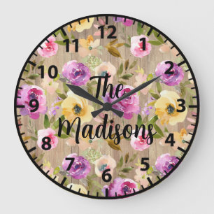 Grande Horloge Ronde Fleurs en bois rustique personnalisées Couleurs de