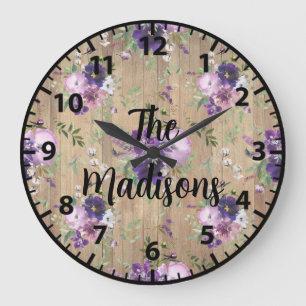 Grande Horloge Ronde Fleurs en bois rustique personnalisées Élégantes V