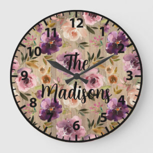 Grande Horloge Ronde Fleurs en bois rustique personnalisées élégantes v