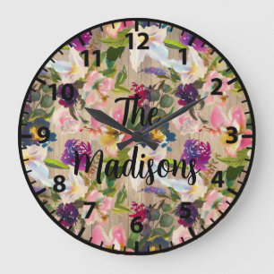 Grande Horloge Ronde Fleurs en bois rustique personnalisées Fleurs trop