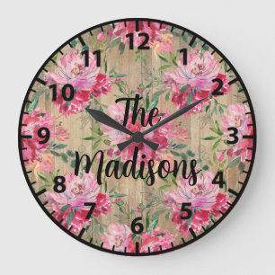 Grande Horloge Ronde Fleurs en bois rustique personnalisées Magnolias r