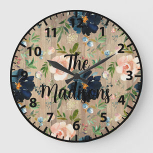 Grande Horloge Ronde Fleurs en bois rustique personnalisées Roses Bleu
