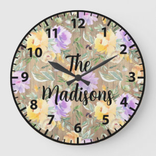 Grande Horloge Ronde Fleurs en bois rustique personnalisées Roses jaune