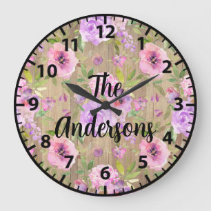 Grande Horloge Ronde Fleurs en bois rustique personnalisées Roses roses
