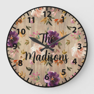 Grande Horloge Ronde Fleurs en bois rustique personnalisées Roses roses