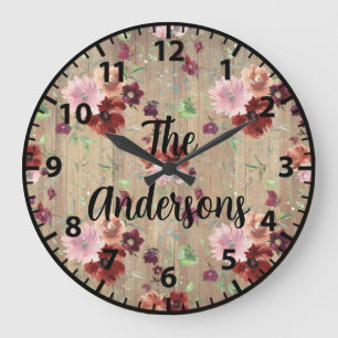 Grande Horloge Ronde Fleurs en bois rustique personnalisées Roses roses