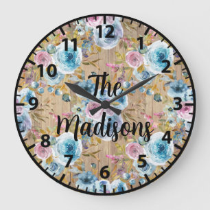 Grande Horloge Ronde Fleurs en bois rustique personnalisées Roses roses