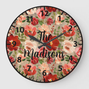 Grande Horloge Ronde Fleurs en bois rustique personnalisées Roses rouge