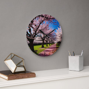 Grande Horloge Ronde "Fleurs en fleurs : rangées de cerisiers au printe