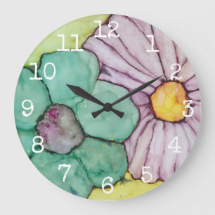 Grande horloge ronde "Fleurs Encre 2"