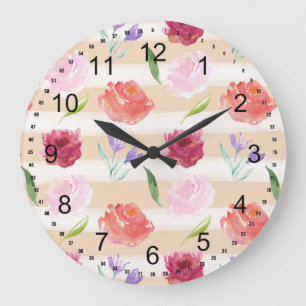 Grande Horloge Ronde Fleurs et rayures à l'aquarelle