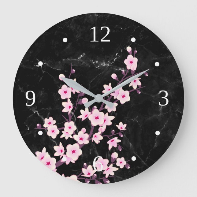 Grande Horloge Ronde Fleurs florales de cerisier marbre rose noir (Recto)