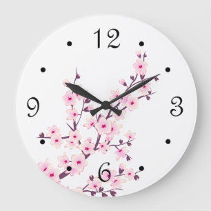 Grande Horloge Ronde Fleurs florales de cerisier rose blanc