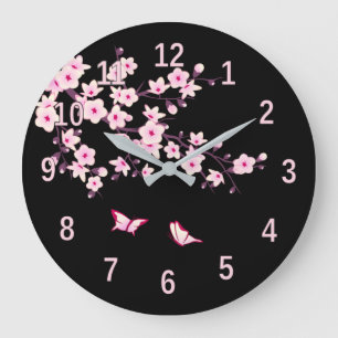 Grande Horloge Ronde Fleurs florales de cerisier rose noir