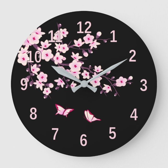 Grande Horloge Ronde Fleurs florales de cerisier rose noir (Recto)
