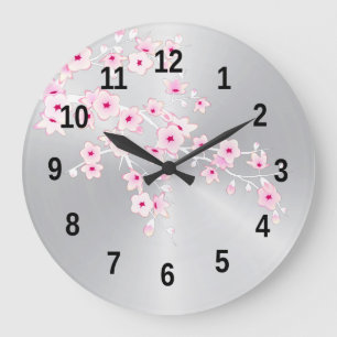 Grande Horloge Ronde Fleurs florales de cerisier rose Silver Girls Room