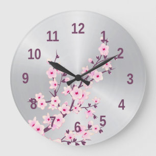 Grande Horloge Ronde Fleurs florales de cerisiers Argent rose