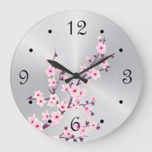 Grande Horloge Ronde Fleurs florales de cerisiers Argent rose
