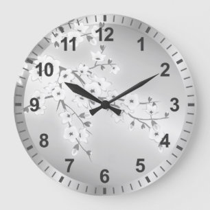 Grande Horloge Ronde Fleurs florales de cerisiers numéros d'argent
