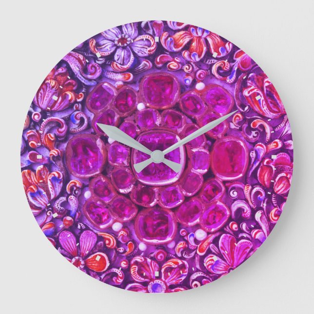 Grande Horloge Ronde Fleurs florales rose violet brillant (Recto)