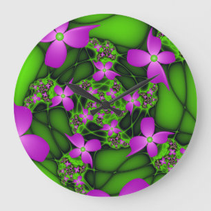 Grande Horloge Ronde Fleurs fractales Abstraites de néon rose vert