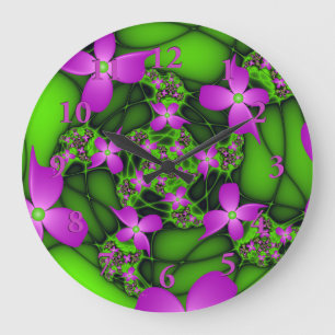 Grande Horloge Ronde Fleurs fractales Abstraites de néon rose vert