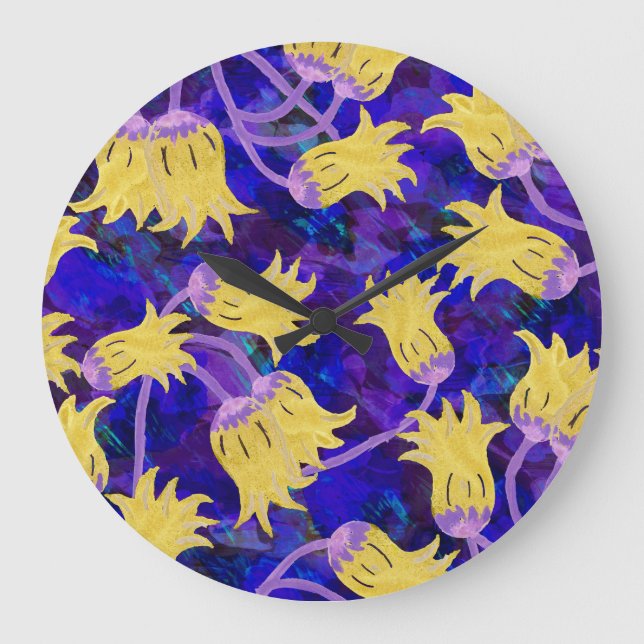 Grande Horloge Ronde Fleurs jaunes : aquarelle arrière - plan foncée (Recto)