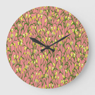 Grande Horloge Ronde Fleurs jaunes Arrière - plan rose Vintage