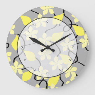 Grande Horloge Ronde Fleurs jaunes et gris. Modèle floral.