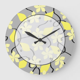 Grande Horloge Ronde Fleurs jaunes et grises. Modèle floral