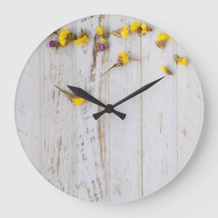 Grande Horloge Ronde Fleurs jaunes printanières, décoration en planche