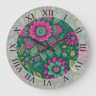 Grande Horloge Ronde Fleurs Mandala Fleurs vert rose