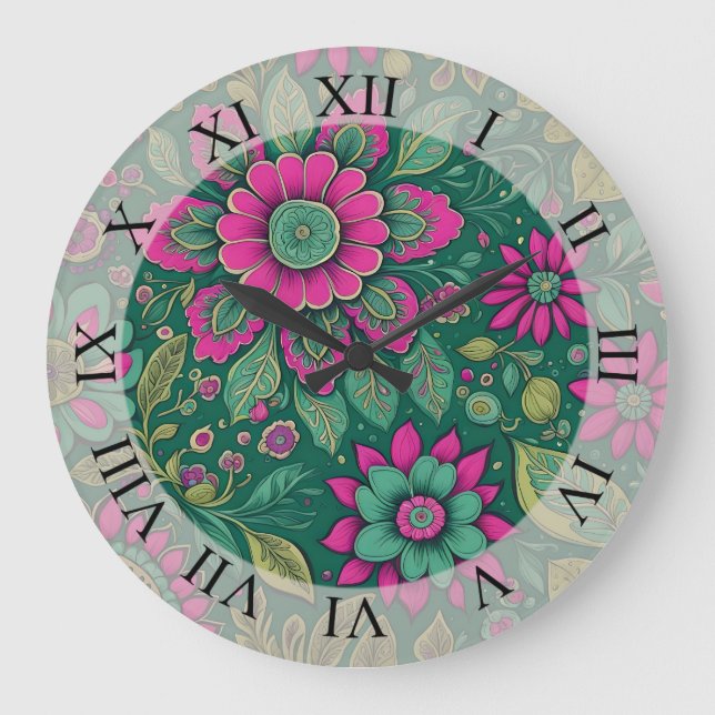 Grande Horloge Ronde Fleurs Mandala Fleurs vert rose (Recto)