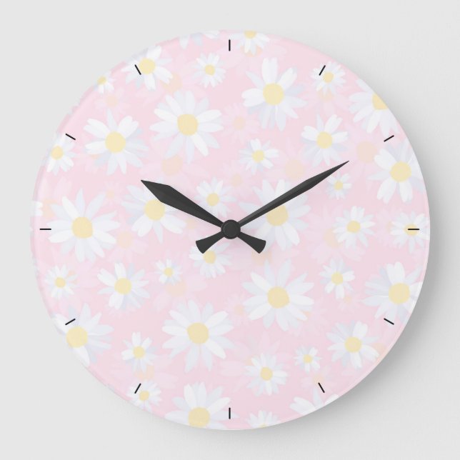 Grande Horloge Ronde Fleurs marguerites blanches Classy Design botaniqu (Recto)