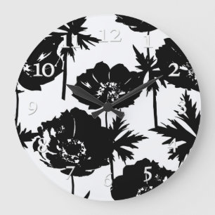 Grande Horloge Ronde Fleurs noires, blanc, Monochrome