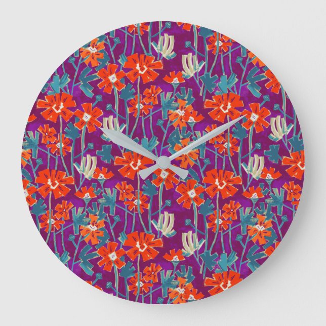 Grande Horloge Ronde Fleurs orange sur coussin pourpre (Recto)