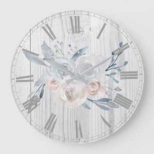 Grande Horloge Ronde fleurs pâles d'aquarelle sur bois blanc