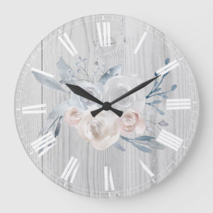 Grande Horloge Ronde fleurs pâles sur bois blanc rustique