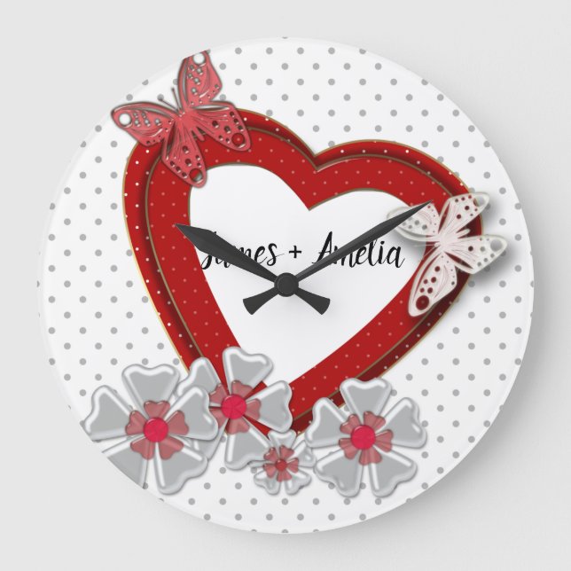 Grande Horloge Ronde Fleurs papillons de coeur rouge Valentines Jour am (Recto)