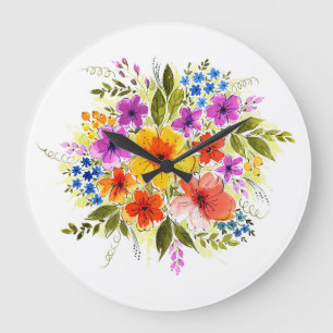 Grande Horloge Ronde Fleurs peintes à la main, bouquet aquarelle clair.