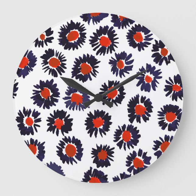 Grande Horloge Ronde Fleurs peintes à la main, motif rouge et bleu. (Recto)