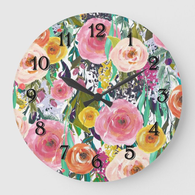 Grande Horloge Ronde Fleurs romantiques d'aquarelle de jardin (Recto)