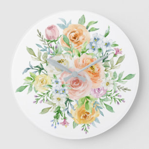 Grande Horloge Ronde Fleurs Rose d'aquarelle et Feuilles verts