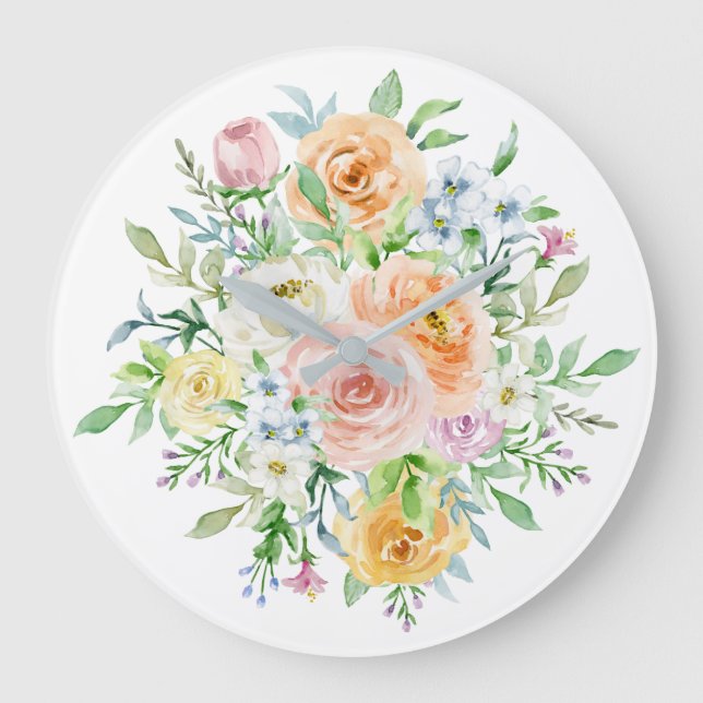 Grande Horloge Ronde Fleurs Rose d'aquarelle et Feuilles verts (Recto)
