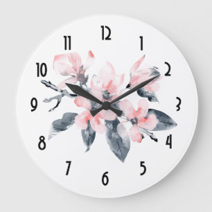 Grande Horloge Ronde Fleurs rose et gris Aquarelle classique