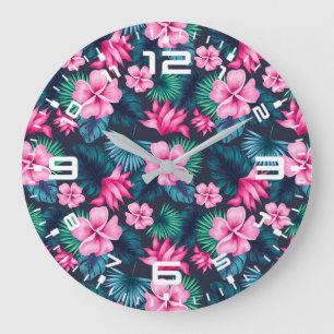 Grande Horloge Ronde Fleurs roses avec Feuilles verts Partern-79066
