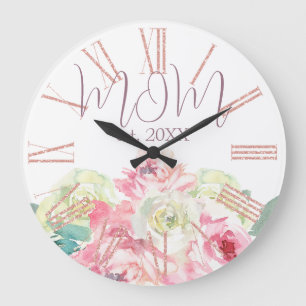 Grande Horloge Ronde Fleurs roses et blanches pour maman