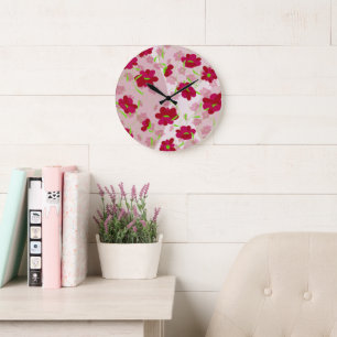 Grande Horloge Ronde Fleurs roses et rouges - Floral